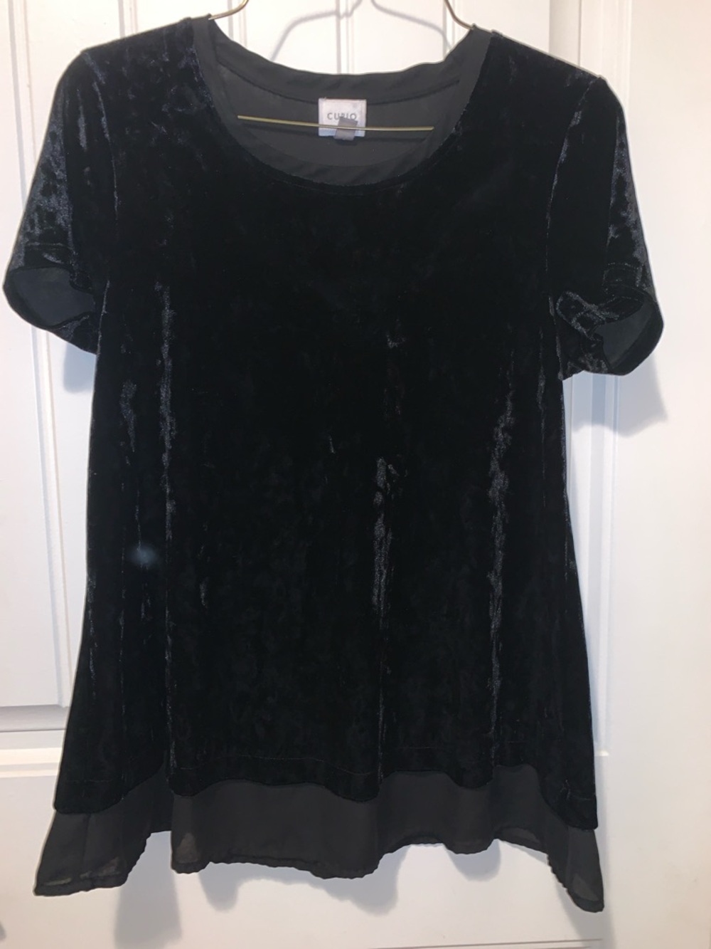 Cupio Black Velvet Short Sleeve Top with Sheer Hem